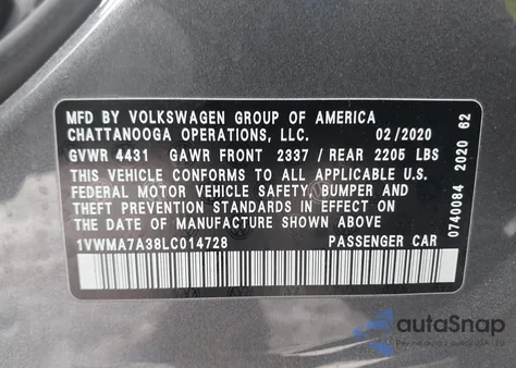 2020 Volkswagen Passat 2.0T R-Line z USA, uszkodzony, nr VIN 1VWMA7A38LC014728